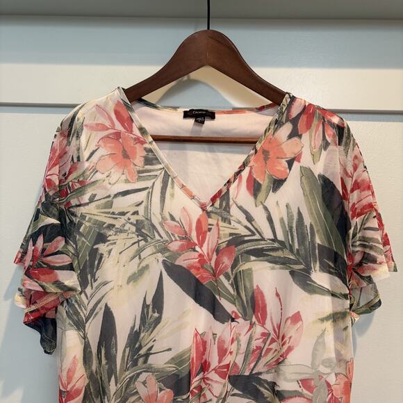 Cocomo Shirt Women Large Pink Green Floral Mesh Overlay Sheer Layered Tie Front - Picture 3 of 12